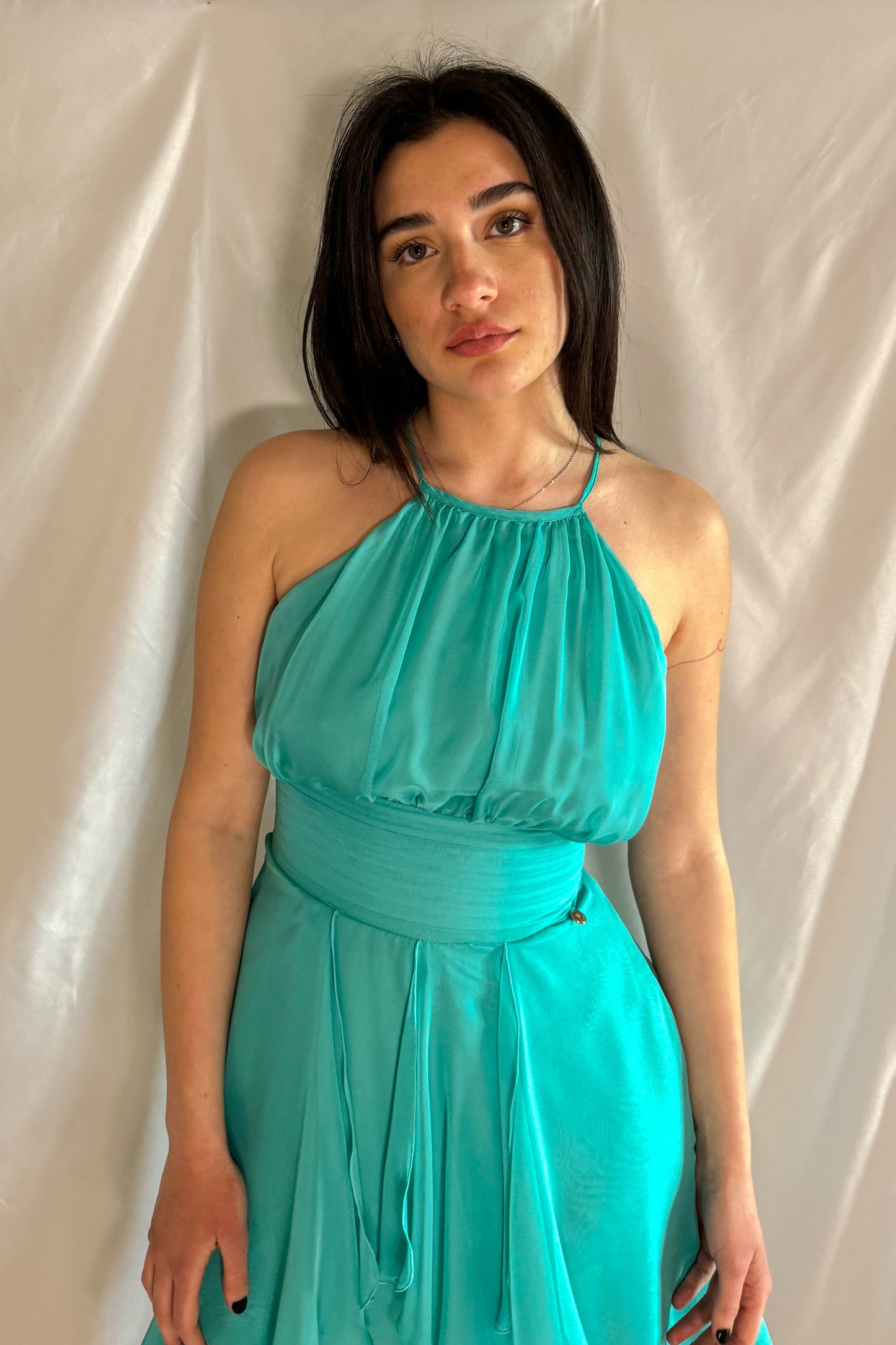 Abito chiffon corto Liu Jo colore turchese estate elegante fronte scollatura