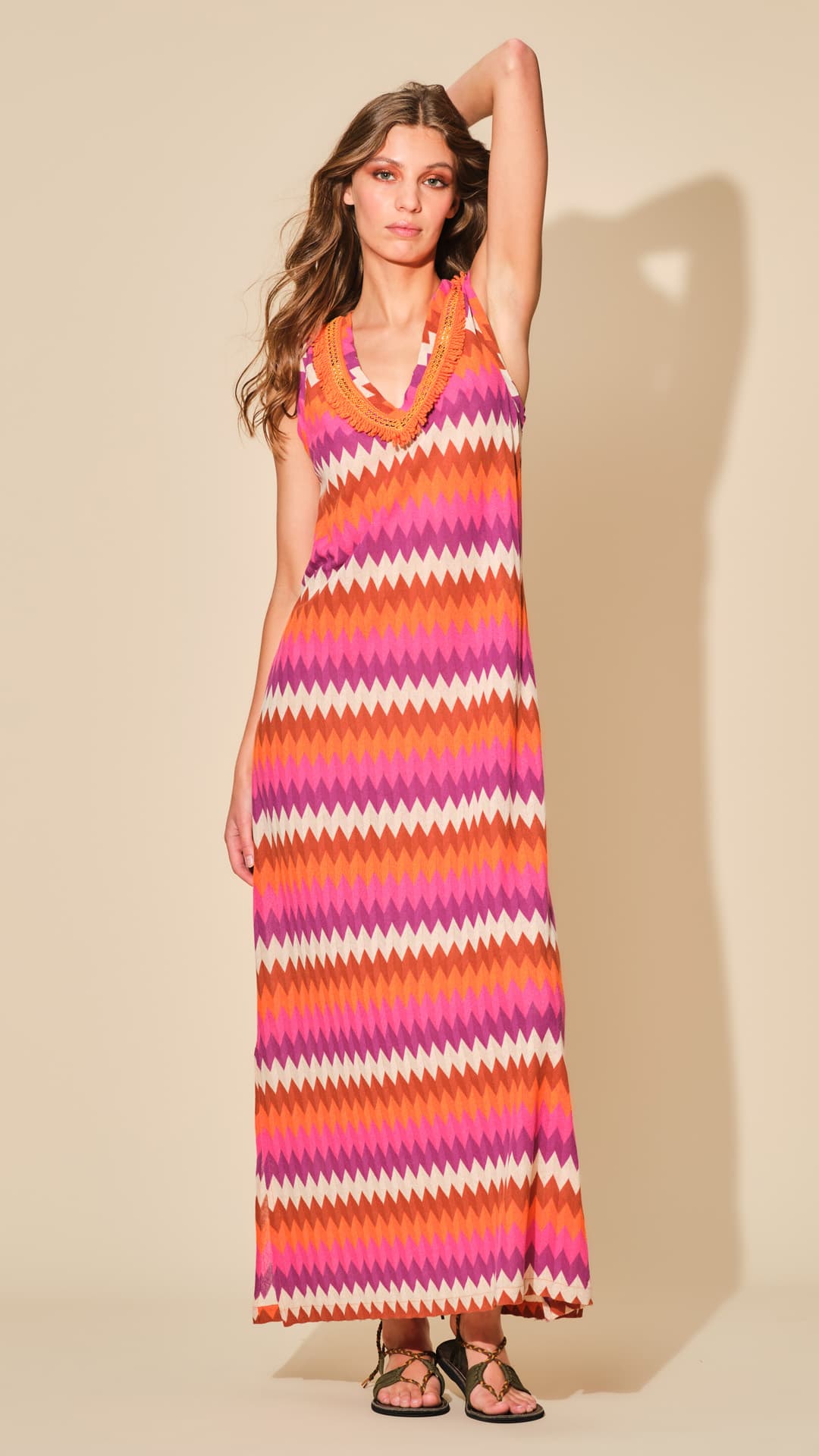 ABITO LUNGO ESTIVO FANTASIA ZIG ZAG CON FRANGE