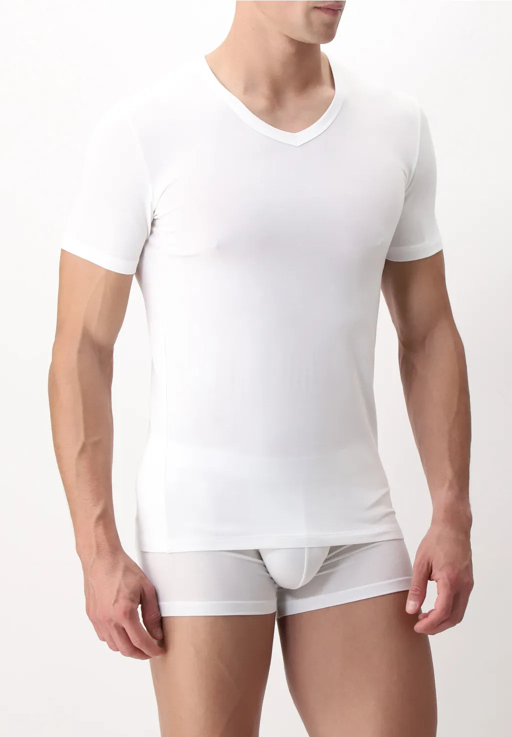 T-shirt con Scollo a V in Modal Elasticizzato Puro Modal Bianco