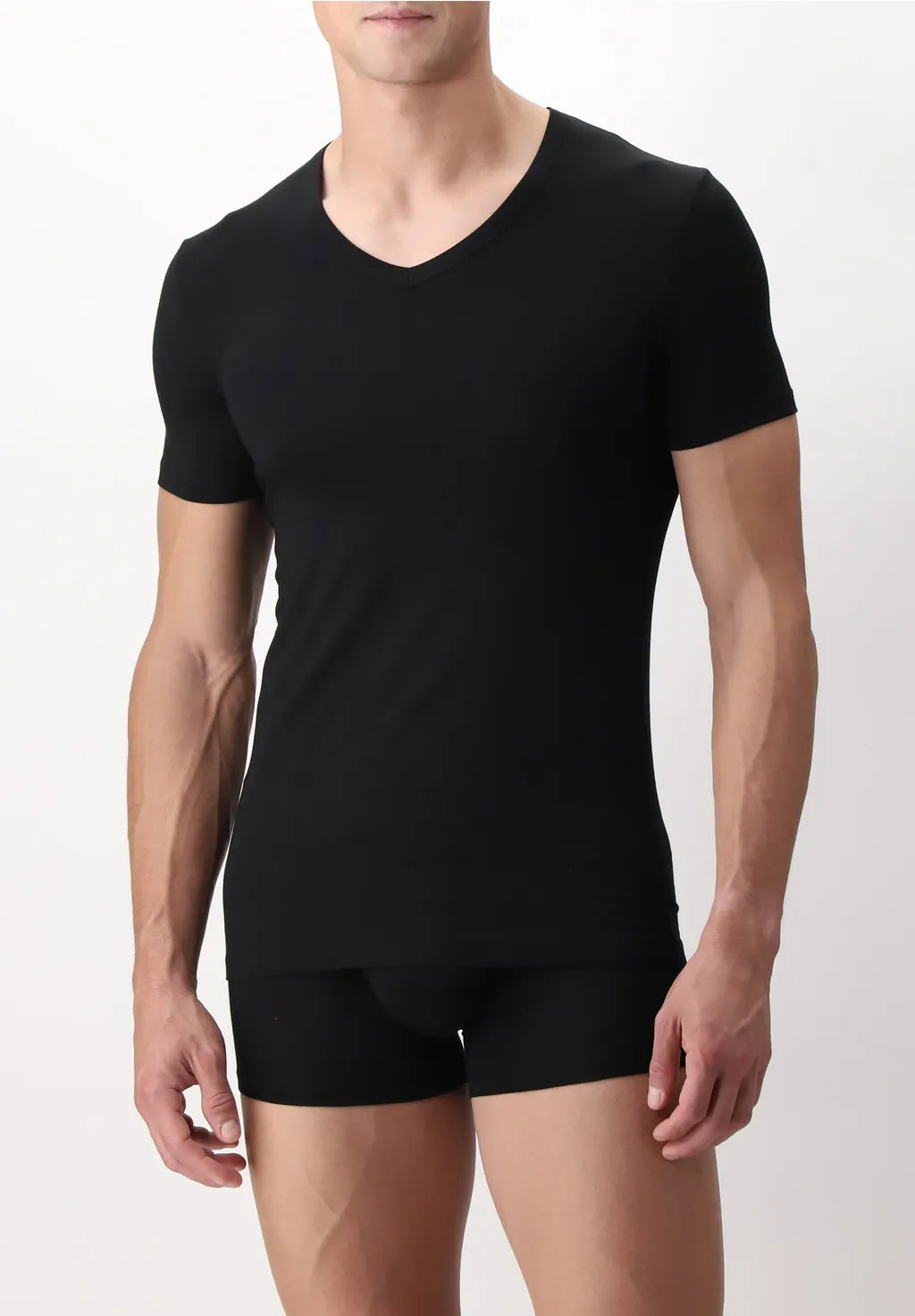 T-shirt con Scollo a V in Modal Elasticizzato Puro Modal nero