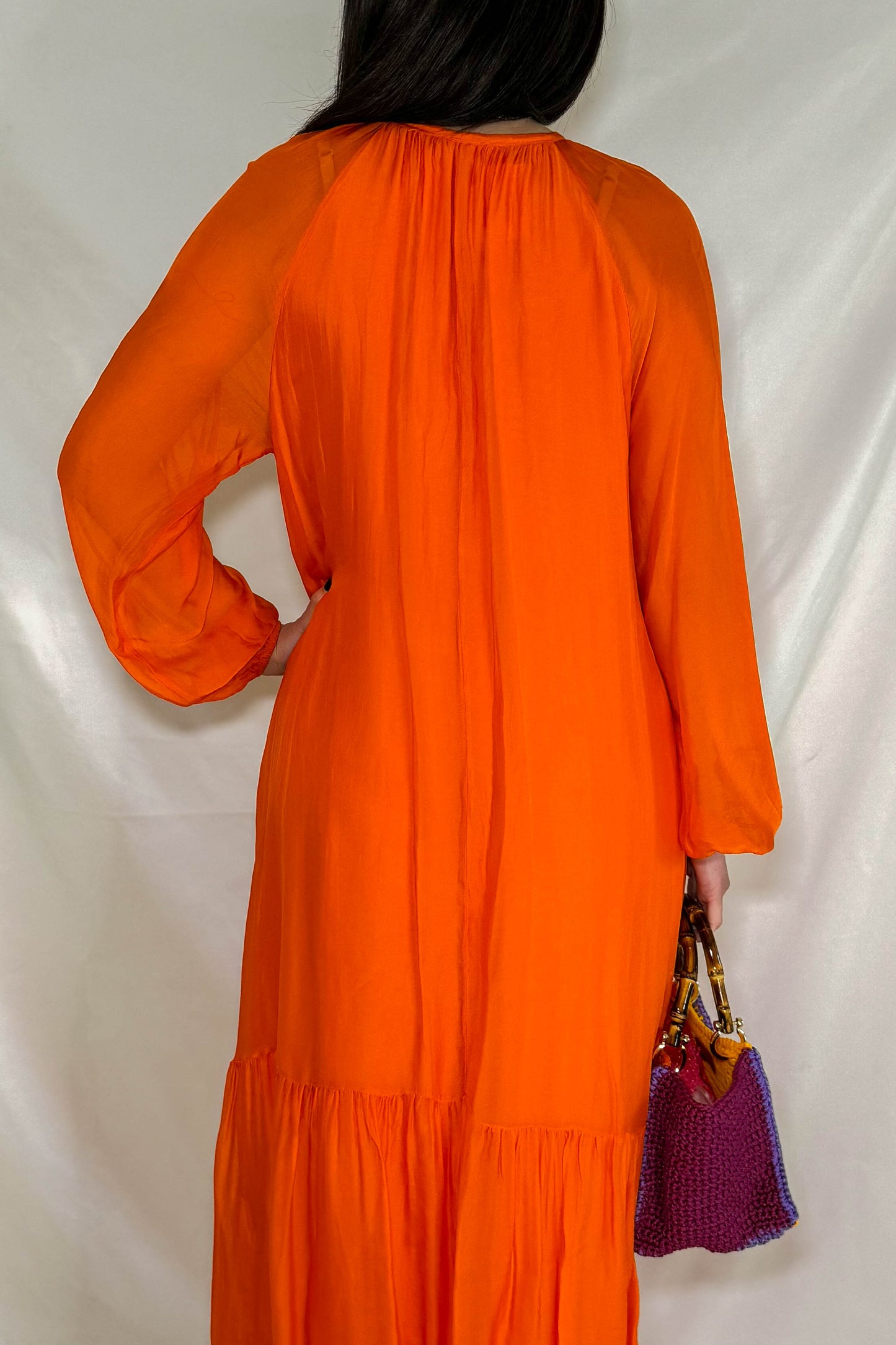 Abito lungo Pepita in arancione retro per serate eleganti