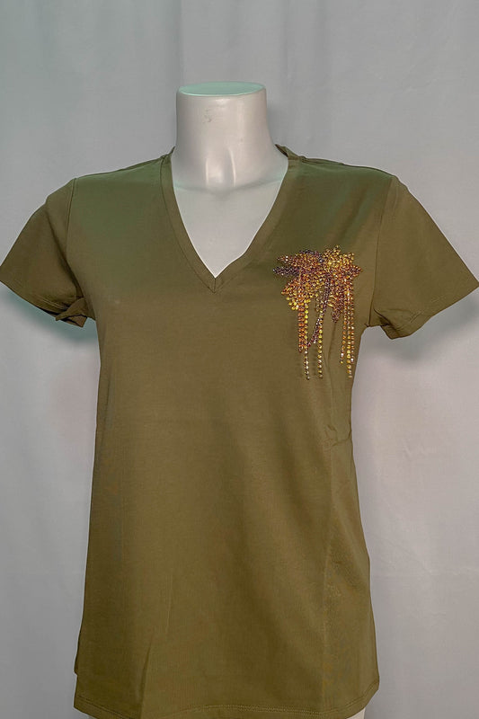 T-shirt Liu Jo verde militare con dettagli brillanti