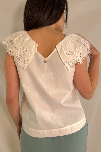 Blusa LiuJo bianca con dettagli in pizzo vista frontale